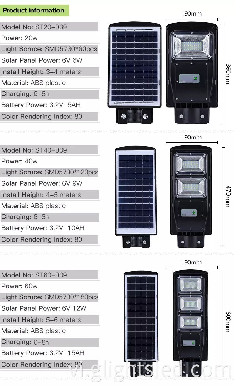 Giá nhà máy Trung Quốc IP65 chống thấm ngoài trời SMD ABS tất cả trong một tích hợp đèn đường năng lượng mặt trời 20w 40w 60w